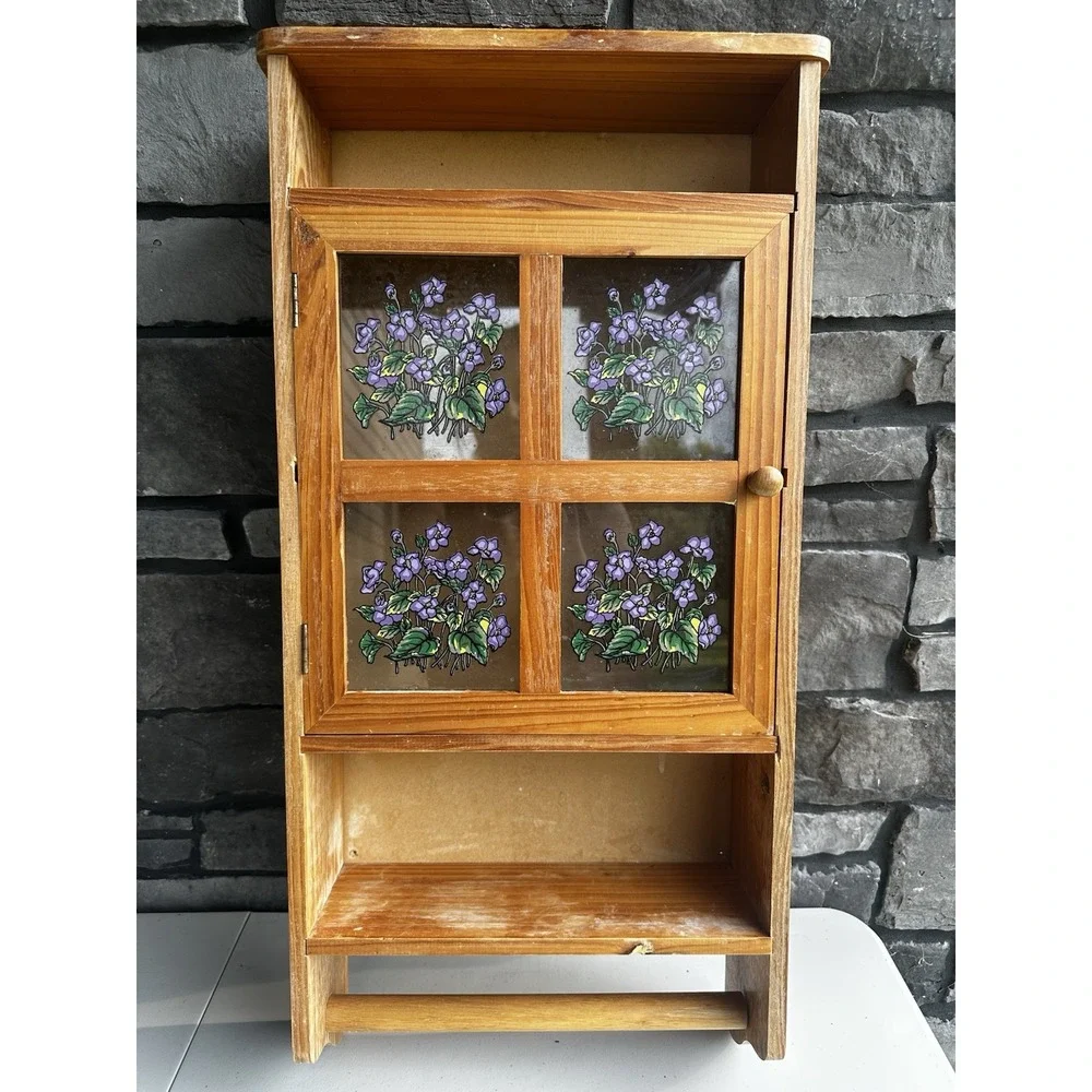 Vintage 90s Wooden Farmhouse Country Cottage Bathroom Wall Cabinet / Spice Rack